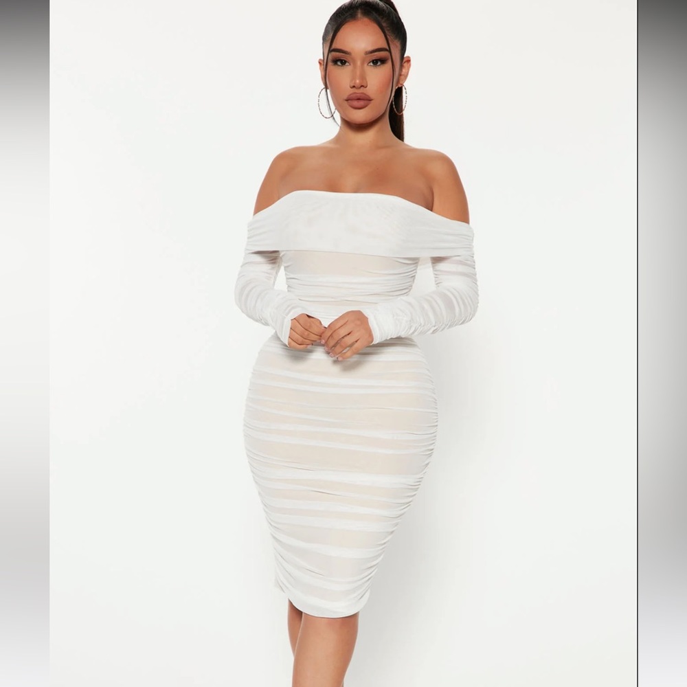 Ready in A Ruched off shoulder midi dress